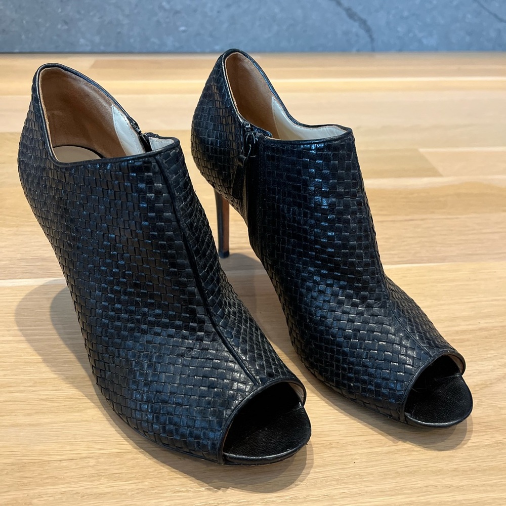 Cole Haan Black Leather Woven Peep-Toe Heels